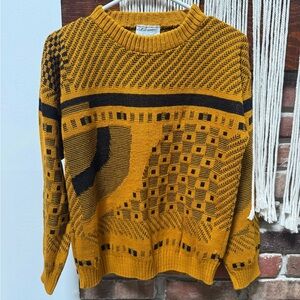 Vintage Mustard Yellow and Black Patterned Crewneck Sweater